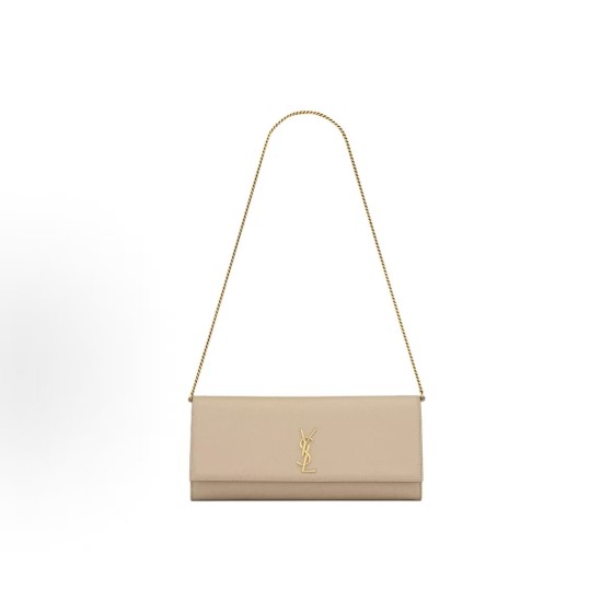 SAINT LAURENT YSL KATE GRAIN DE POUDRE Gold metal-finished chain shoulder bag for women in beige